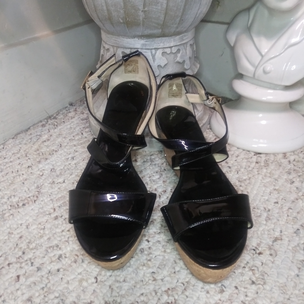 Jimmy Choo Portia 70 Black Patent Leather Cork Platform Wedge Heeled Sandals - Picture 2 of 11